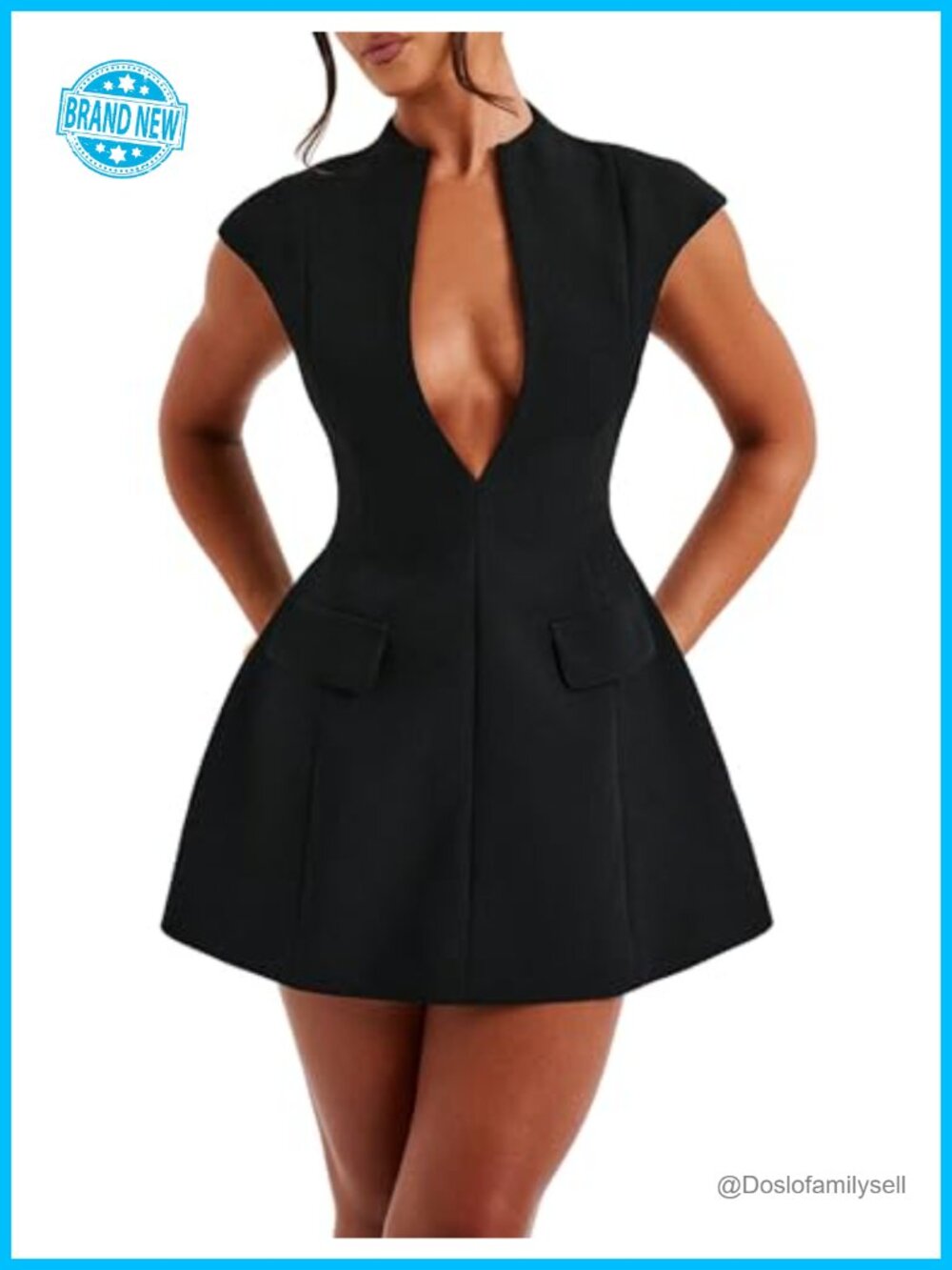 LuFeng Women's Summer Cap Sleeve Deep V Neck Zipper A-line Mini Dress